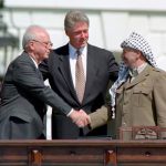 Then-Israeli Prime Minister Yitzhak Rabin shakes hands with PLO leader Yasser Arafat, as U.S. President Bill Clinton looks on. Photo: Archive
