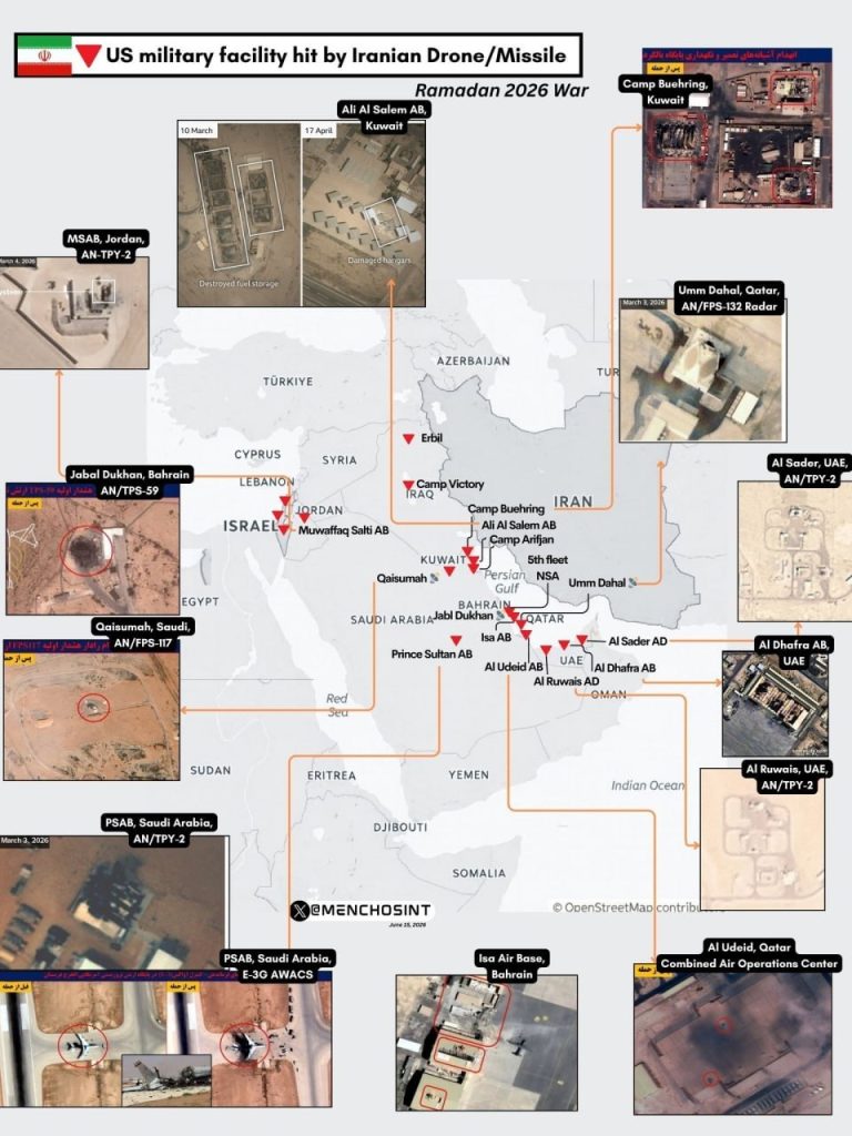 Mapping the Damage: Account of Strikes on US and Allied Persian Gulf Bases 42 U.S. military facility hit by Iranian drone / missile